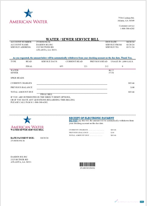 USA Georgia American Water business utility bill template in Word and PDF formats